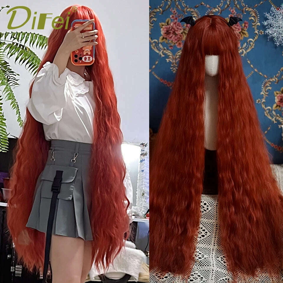 120cm Long Wavy Hair Synthetic Wigs Female Red Brown Coaplay Lolita Wig With Bangs Natural Hair Wigs Women Heat Fesistant Fiber