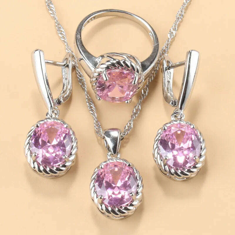 13-Colors Stone 925 Silver Bridal Jewelry Sets Wedding Ring Costume Earrings Pendant Chain Necklace For Women Christmas Gift