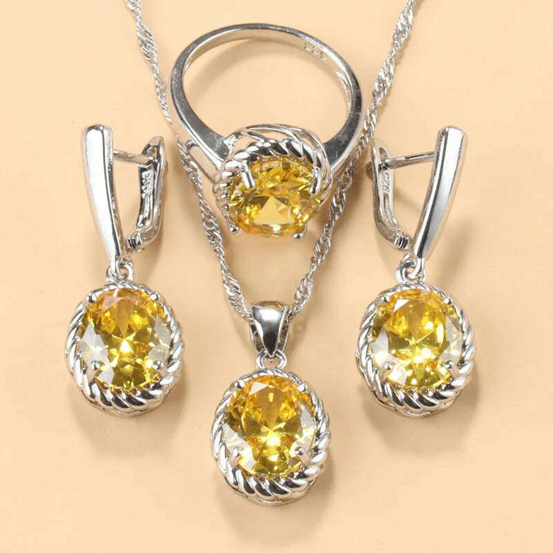 13-Colors Stone 925 Silver Bridal Jewelry Sets Wedding Ring Costume Earrings Pendant Chain Necklace For Women Christmas Gift