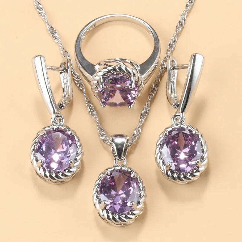 13-Colors Stone 925 Silver Bridal Jewelry Sets Wedding Ring Costume Earrings Pendant Chain Necklace For Women Christmas Gift