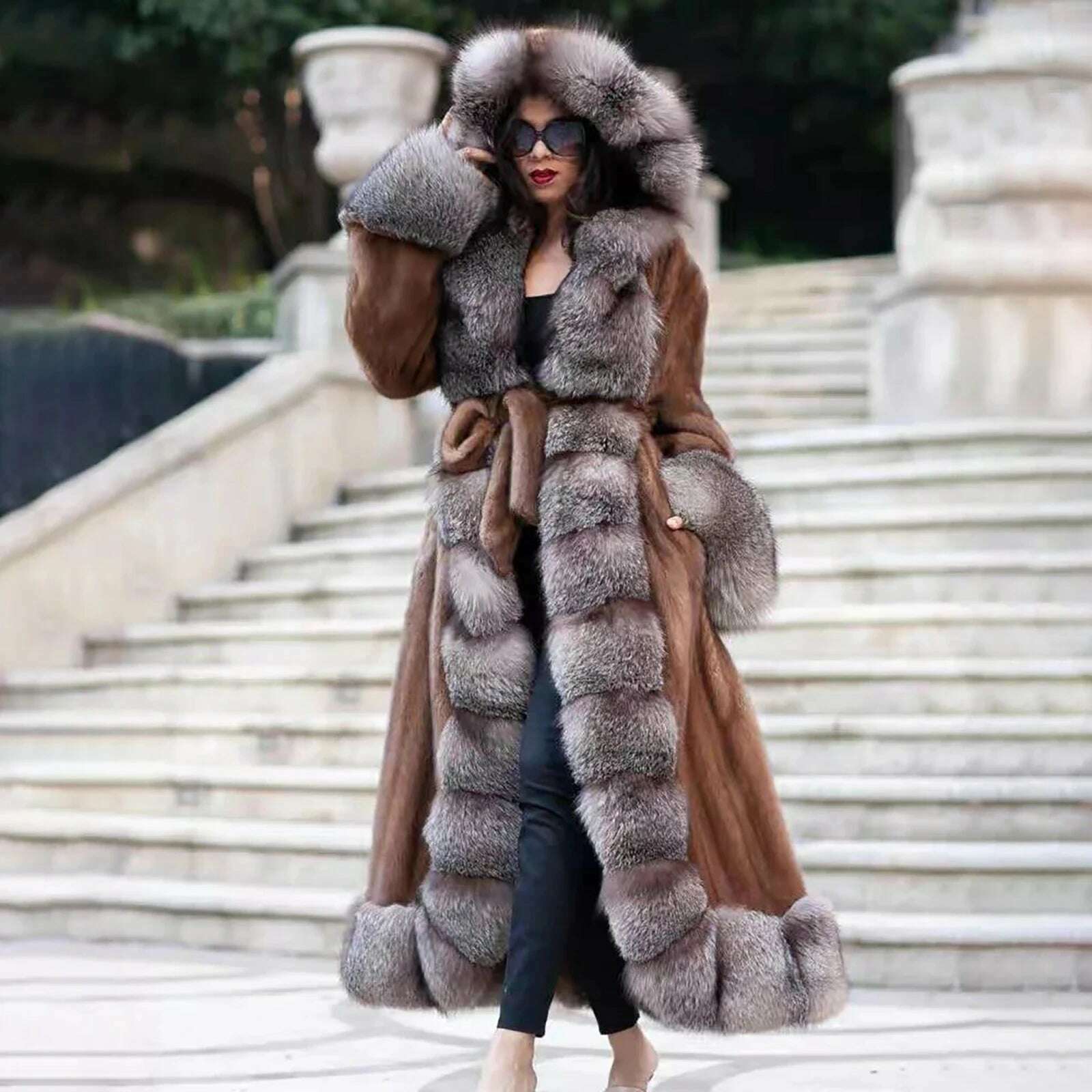 130cm Long Real Mink Fur Coat With Hood High Quality Genuine Mink Fur Crystal Fox Overcoat With Belt Trendy Fur Overcoats Woman