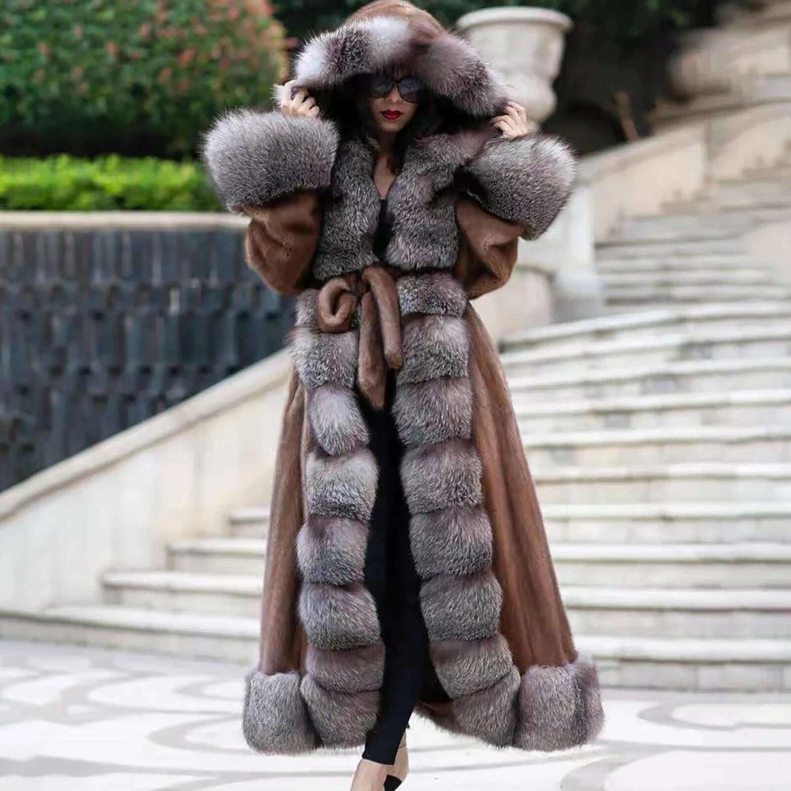 130cm Long Real Mink Fur Coat With Hood High Quality Genuine Mink Fur Crystal Fox Overcoat With Belt Trendy Fur Overcoats Woman