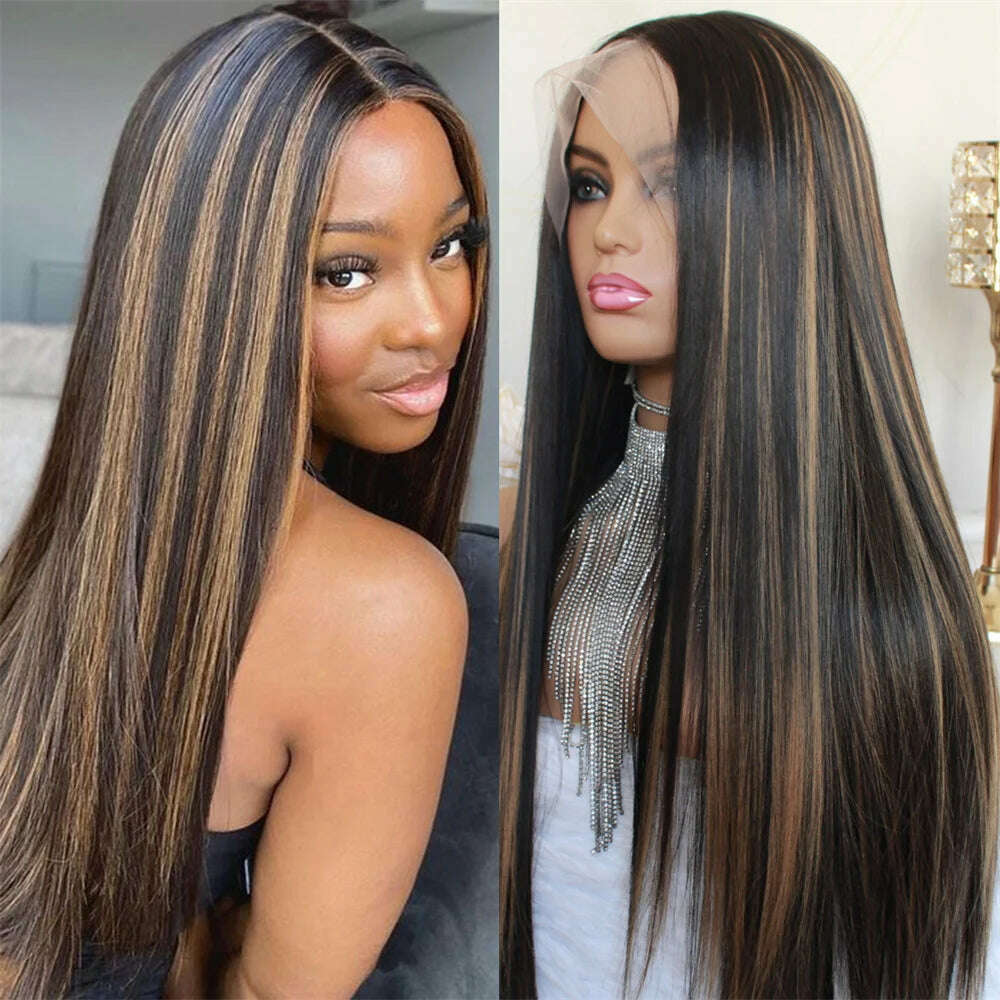 13x4 Lace Front Wig Highlight Brown Synthetic Lace Wigs for Women Pre Plucked 24 Inch Straight Lace Frontal Wigs Blonde Daily