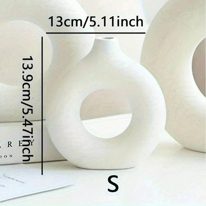 1pc, White/Beige Ceramic Vase Vases For Decor, Modern Home Decor Vase, Boho Vases For Decor, Circle Vase, Round Vase, Donut Vas