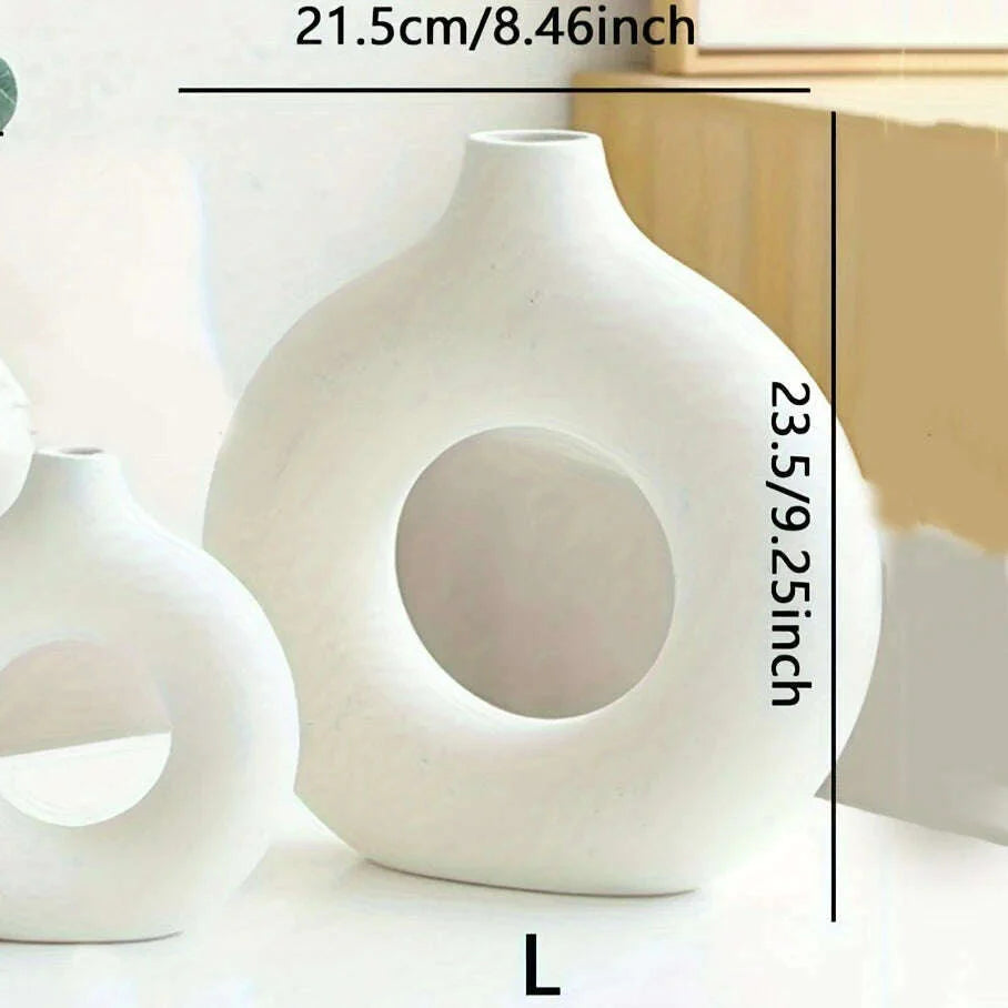 1pc, White/Beige Ceramic Vase Vases For Decor, Modern Home Decor Vase, Boho Vases For Decor, Circle Vase, Round Vase, Donut Vas