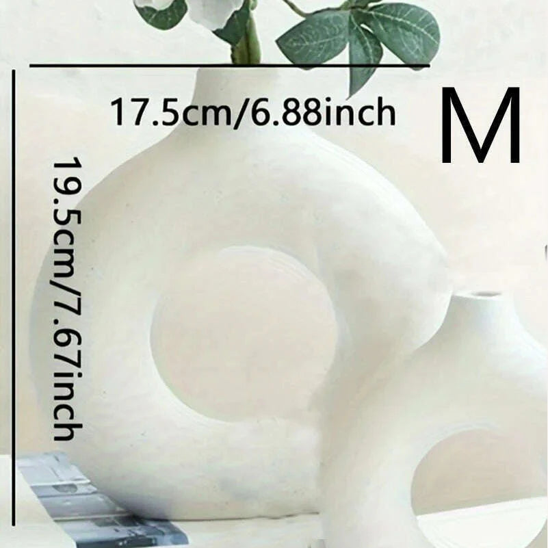 1pc, White/Beige Ceramic Vase Vases For Decor, Modern Home Decor Vase, Boho Vases For Decor, Circle Vase, Round Vase, Donut Vas