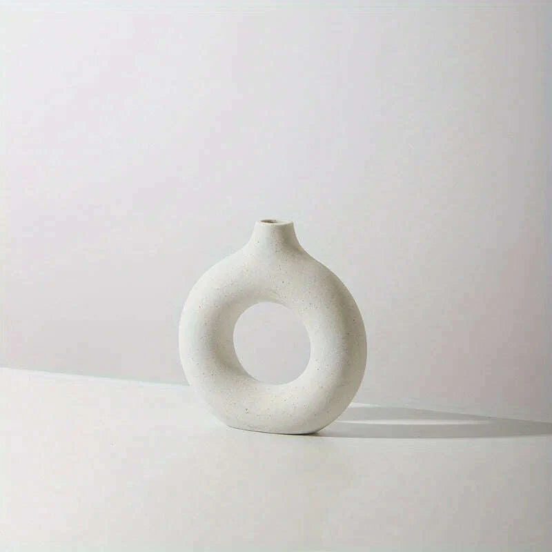 1pc, White/Beige Ceramic Vase Vases For Decor, Modern Home Decor Vase, Boho Vases For Decor, Circle Vase, Round Vase, Donut Vas