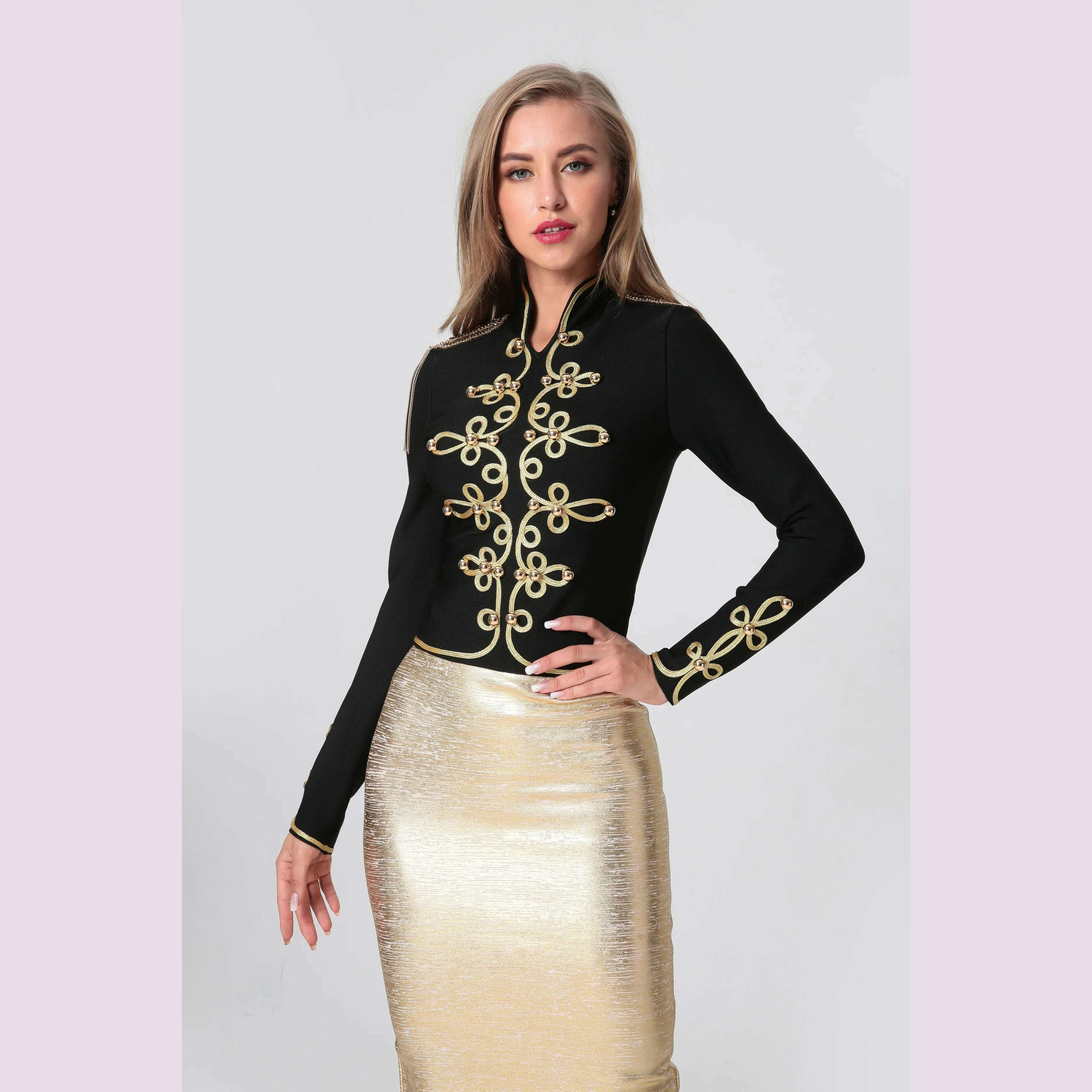 2021 New Winter Autumn Fashion Women's Bandage Jacket Long Sleeve Casual Sexy Black Night Club Party Coat Outwear Female Golden