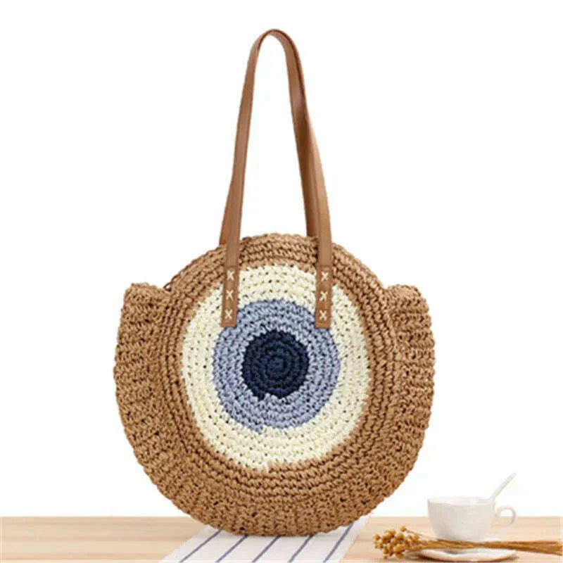 2022 Large Capacity Round Zipper Fashionable Straw Woven Bag Handmade Summer Beach Travel Holiday Women Bags