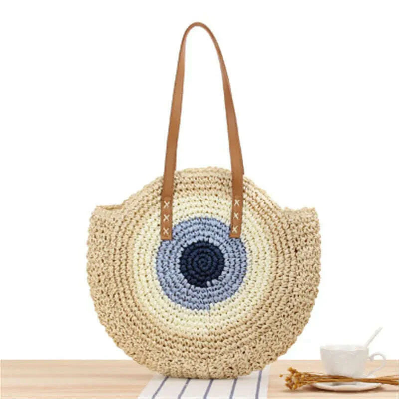 2022 Large Capacity Round Zipper Fashionable Straw Woven Bag Handmade Summer Beach Travel Holiday Women Bags