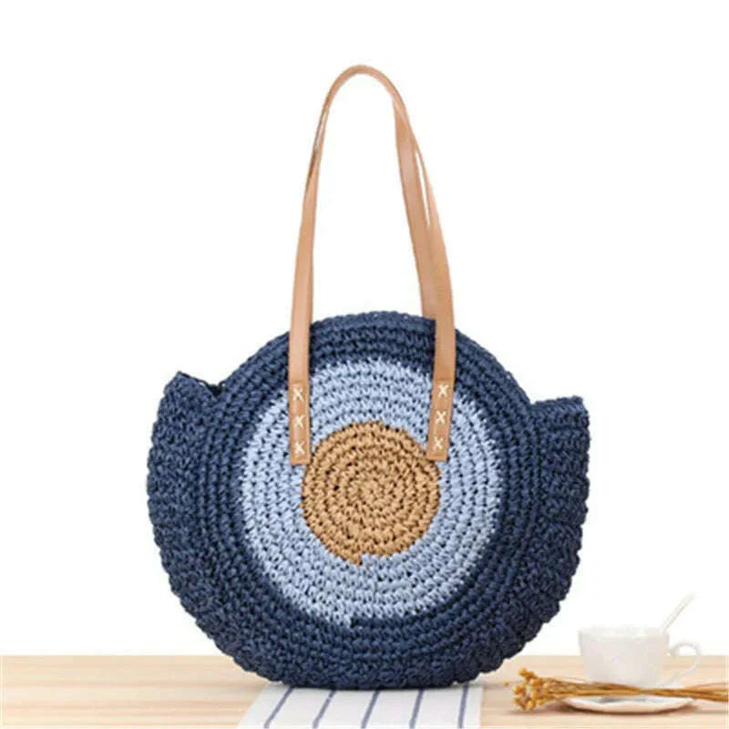 2022 Large Capacity Round Zipper Fashionable Straw Woven Bag Handmade Summer Beach Travel Holiday Women Bags