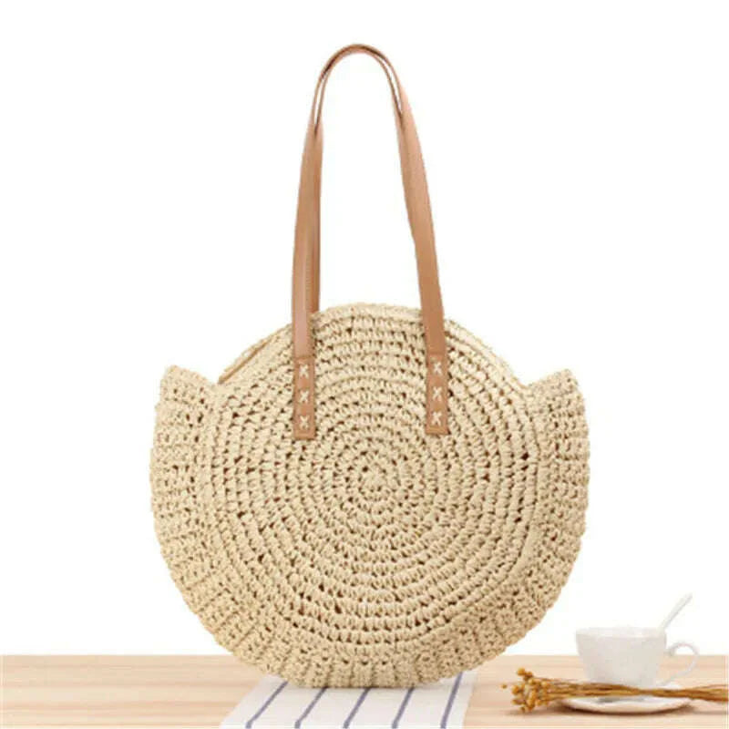 2022 Large Capacity Round Zipper Fashionable Straw Woven Bag Handmade Summer Beach Travel Holiday Women Bags