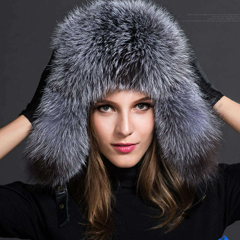 2023 100% Real Fox Fur Hats Women's Russian Ushanka Aviator Trapper Snow Skiing Hat Caps Earflap Winter Raccoon Fur Bomber Hat