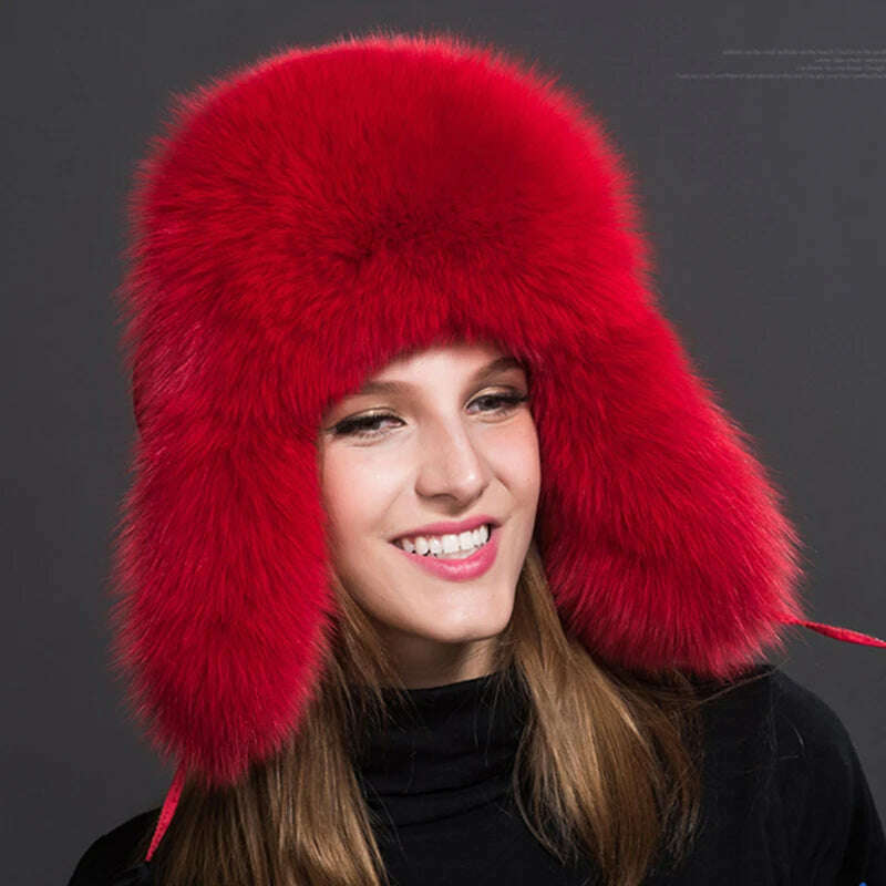 2023 100% Real Fox Fur Hats Women's Russian Ushanka Aviator Trapper Snow Skiing Hat Caps Earflap Winter Raccoon Fur Bomber Hat