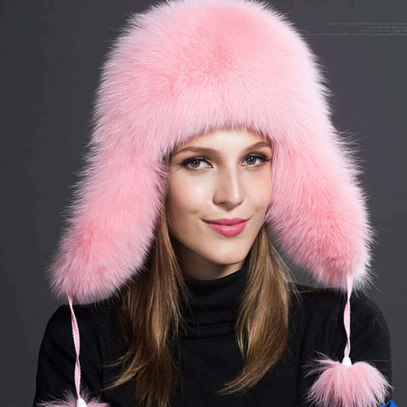 2023 100% Real Fox Fur Hats Women's Russian Ushanka Aviator Trapper Snow Skiing Hat Caps Earflap Winter Raccoon Fur Bomber Hat