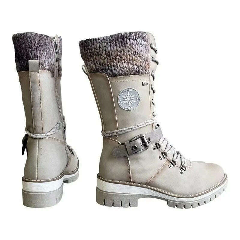2023 Women Winter Buckle Lace Knitted Mid-calf Boots Low Heel Round Toe Boots Top Quality Winter Warm Boots Women Botas De Mujer