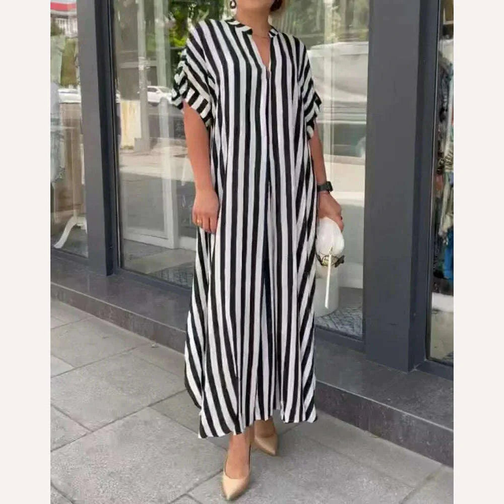 2024 AliExpress Europe and America Plus Size Women's Cross border Summer New Product Split Casual Stripe Short sleeved Dress