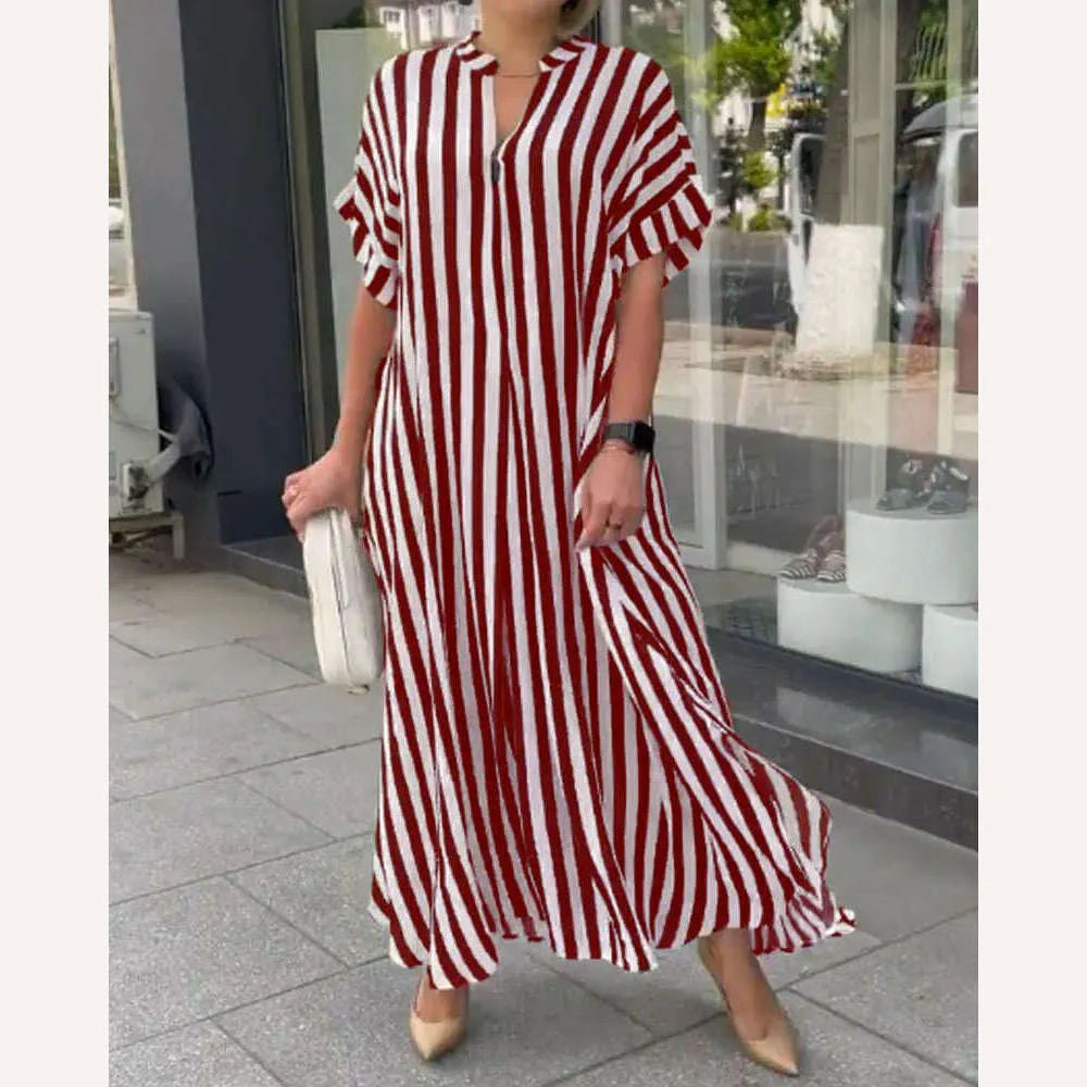 2024 AliExpress Europe and America Plus Size Women's Cross border Summer New Product Split Casual Stripe Short sleeved Dress