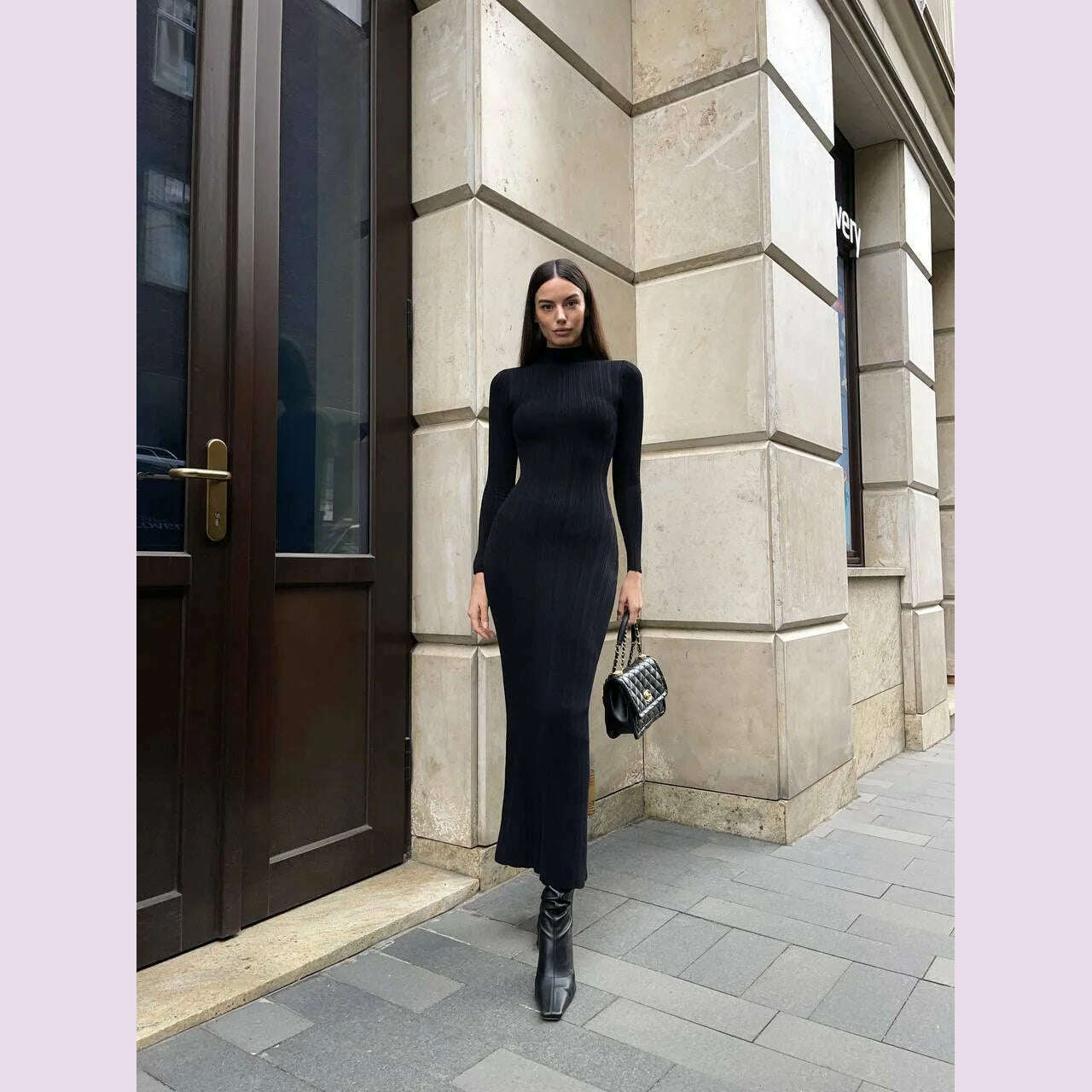 2024 Autumn Winter New Women Knitted Long Sleeved Sweater Dress Sexy High Neck Slim Fit Striped Fashionable Sweater Outwear
