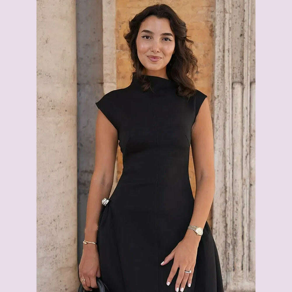 2024 Chic Solid Slanted Collar Pleated A-line Maxi Dress Women's Elegant Sleeveless High Waist Slim Dresses Female Evening Robes