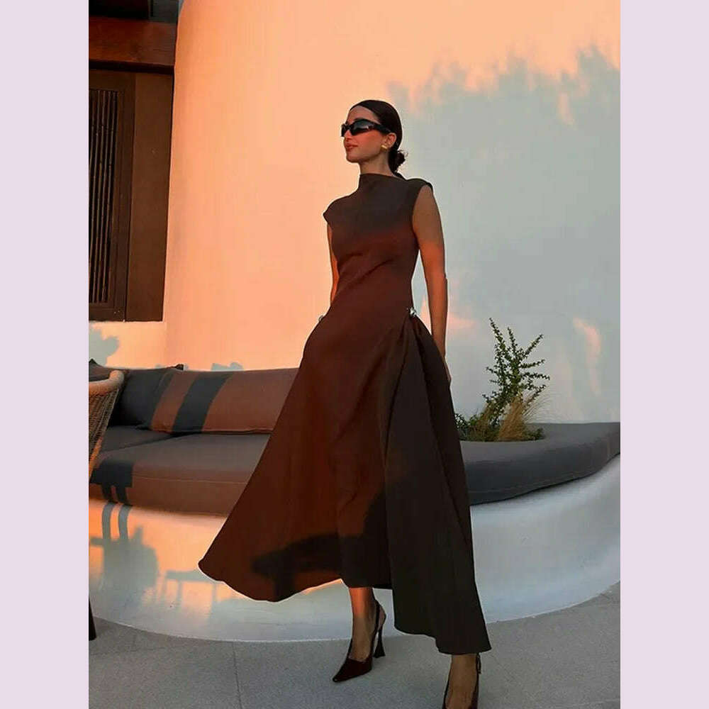 2024 Chic Solid Slanted Collar Pleated A-line Maxi Dress Women's Elegant Sleeveless High Waist Slim Dresses Female Evening Robes