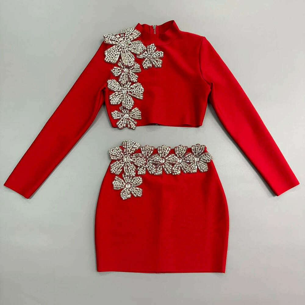 2024 New Autumn Women Bandage Sets Sexy Beading Long Sleeve Tops Mini Skirt Club Party Outwear Two Pieces Sets