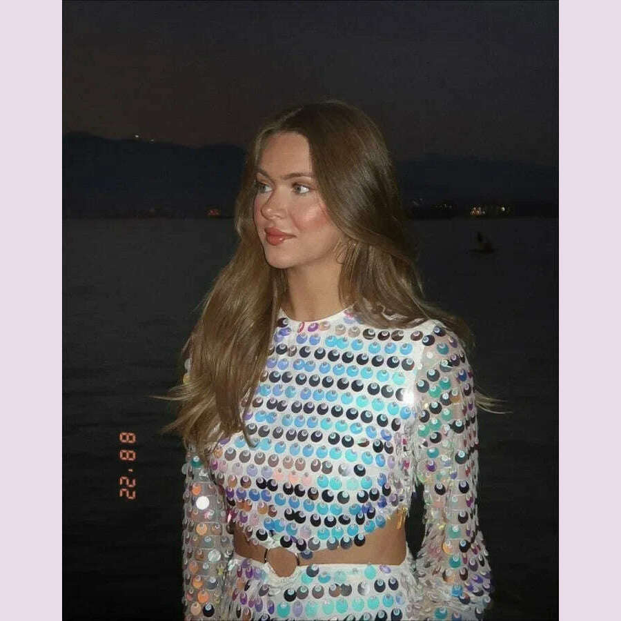 2024 Spring Summer New Dress Women's Fashion Solid Color Sequined Flare Sleeve Dress Women's Sexy O-Neck Irregular Mini Dress