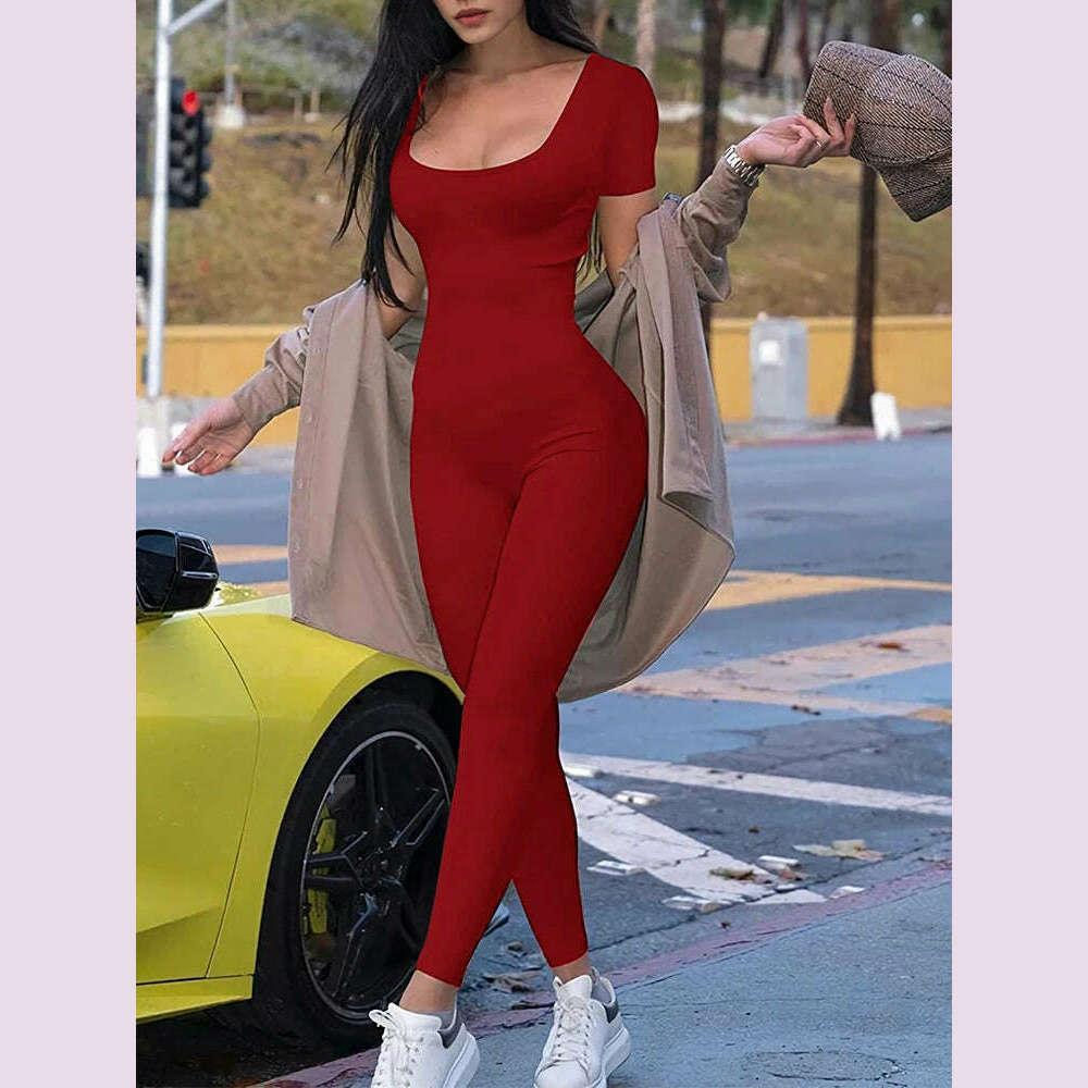 2024 Summer New Women's Round Neck Short Sleeve Slim One Piece Pure Color Yoga Clothing Fitness Jumpsuit