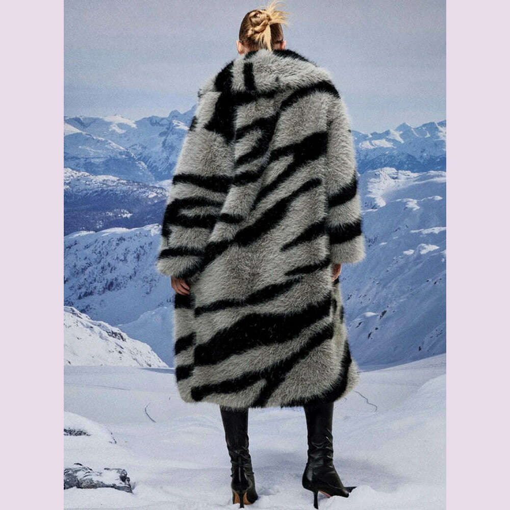 2024 Winter Vintage Thick Warm Long Faux Fur Coat Women Zebra-stripe Printed Fluffy Jacket Fur Coat Large Size Luxury Overcoat