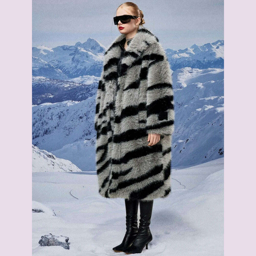 2024 Winter Vintage Thick Warm Long Faux Fur Coat Women Zebra-stripe Printed Fluffy Jacket Fur Coat Large Size Luxury Overcoat