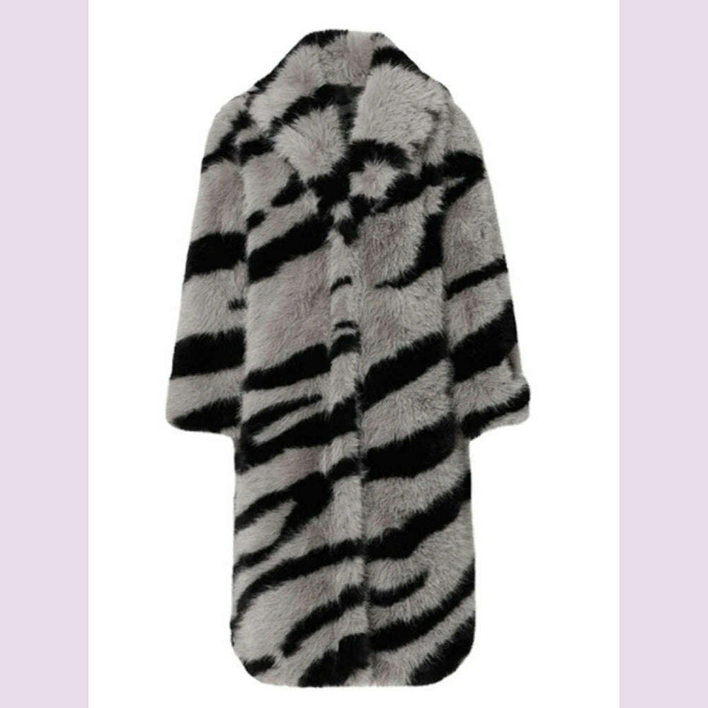 2024 Winter Vintage Thick Warm Long Faux Fur Coat Women Zebra-stripe Printed Fluffy Jacket Fur Coat Large Size Luxury Overcoat