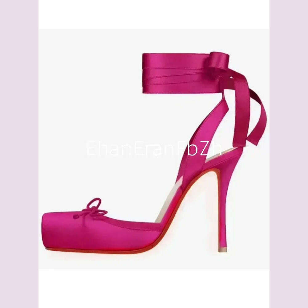 2025 Women's New Summer Square Satin High Heel Sandals with Ankle Strap, Fashionable Party and Banquet Ballet High Heels