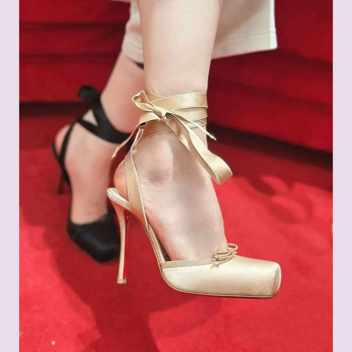 2025 Women's New Summer Square Satin High Heel Sandals with Ankle Strap, Fashionable Party and Banquet Ballet High Heels