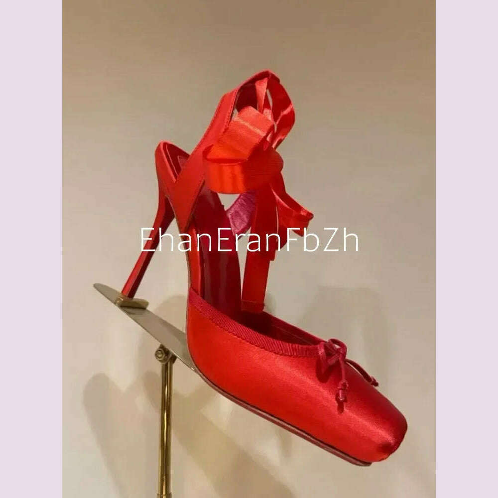 2025 Women's New Summer Square Satin High Heel Sandals with Ankle Strap, Fashionable Party and Banquet Ballet High Heels