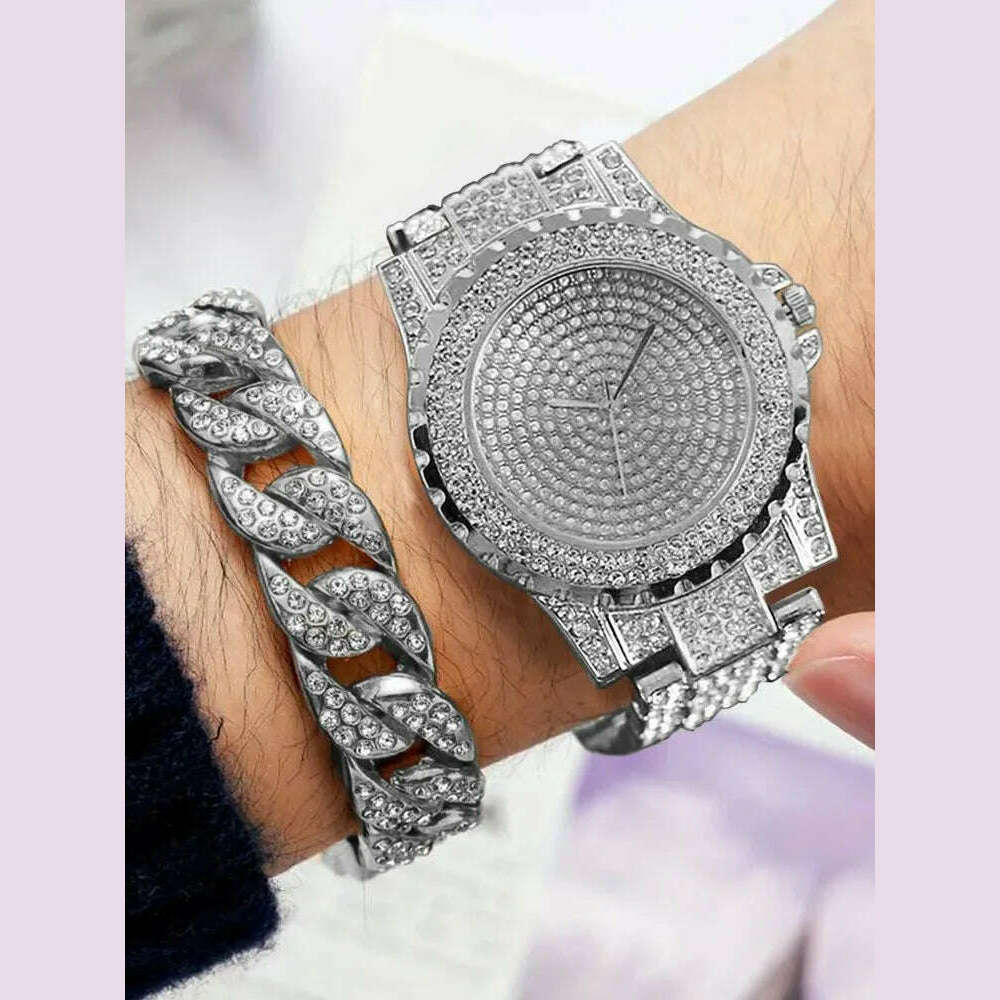 2pcs Stylish Shiny Full Diamond MEN'S Large Dial Steel Band Quartz Watch with Diamond Inlaid Chain Bracelet Set