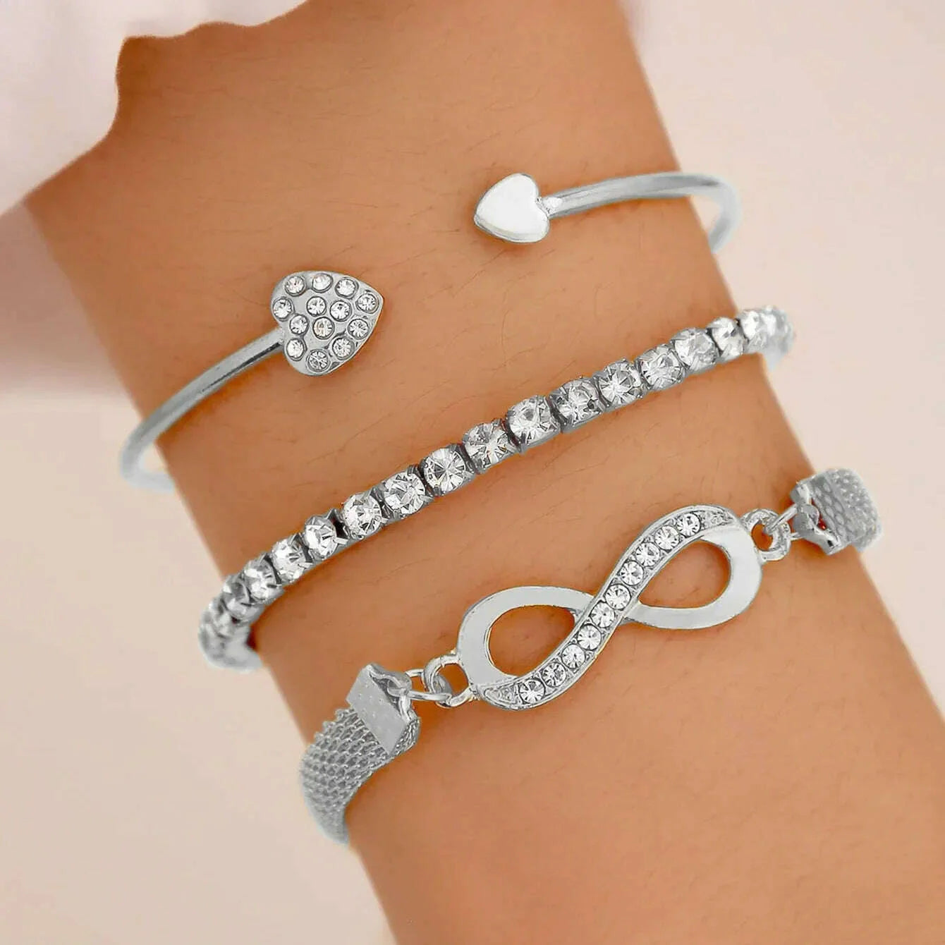 3Pcs Women Heart Open Bracelet Set Fashion Crystal Tennis Chain Bangle For Girls Trend Party Jewelry Accessories