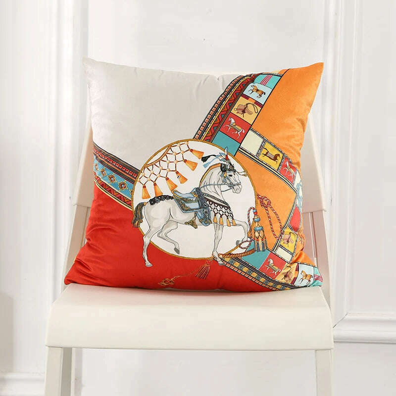 45x45cm Dutch Velvet Pillow Case Luxury Style Cushion Cover White Horse Printed Pillowcase For Bed Sofa Office Chair Car Pillows