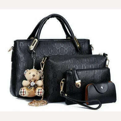 4PCS/Set Ladies Fashionable PU Leather Shoulder Bag Handbag Satchel Clutch Coin Purse Casual Bear Pendant Messenger Tote Bag