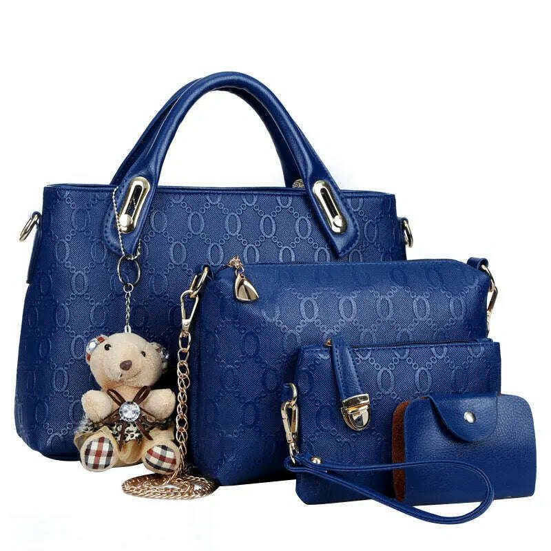 4PCS/Set Ladies Fashionable PU Leather Shoulder Bag Handbag Satchel Clutch Coin Purse Casual Bear Pendant Messenger Tote Bag