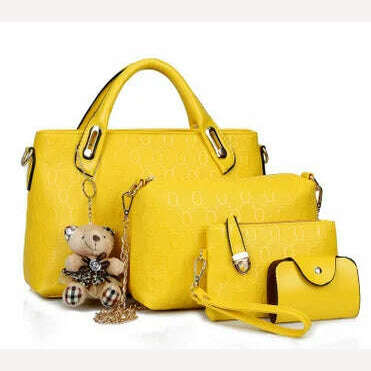 4PCS/Set Ladies Fashionable PU Leather Shoulder Bag Handbag Satchel Clutch Coin Purse Casual Bear Pendant Messenger Tote Bag