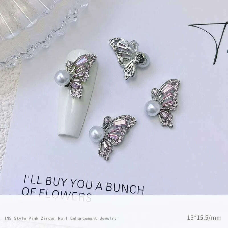 5pcs Pink Zircon Alloy Love Nail Art Charm 3D Bow Heart Moon Butterfly Planet Nail Decoration DIY Simple Design Nail Accessories