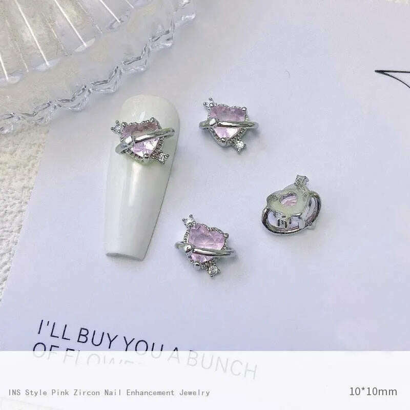 5pcs Pink Zircon Alloy Love Nail Art Charm 3D Bow Heart Moon Butterfly Planet Nail Decoration DIY Simple Design Nail Accessories