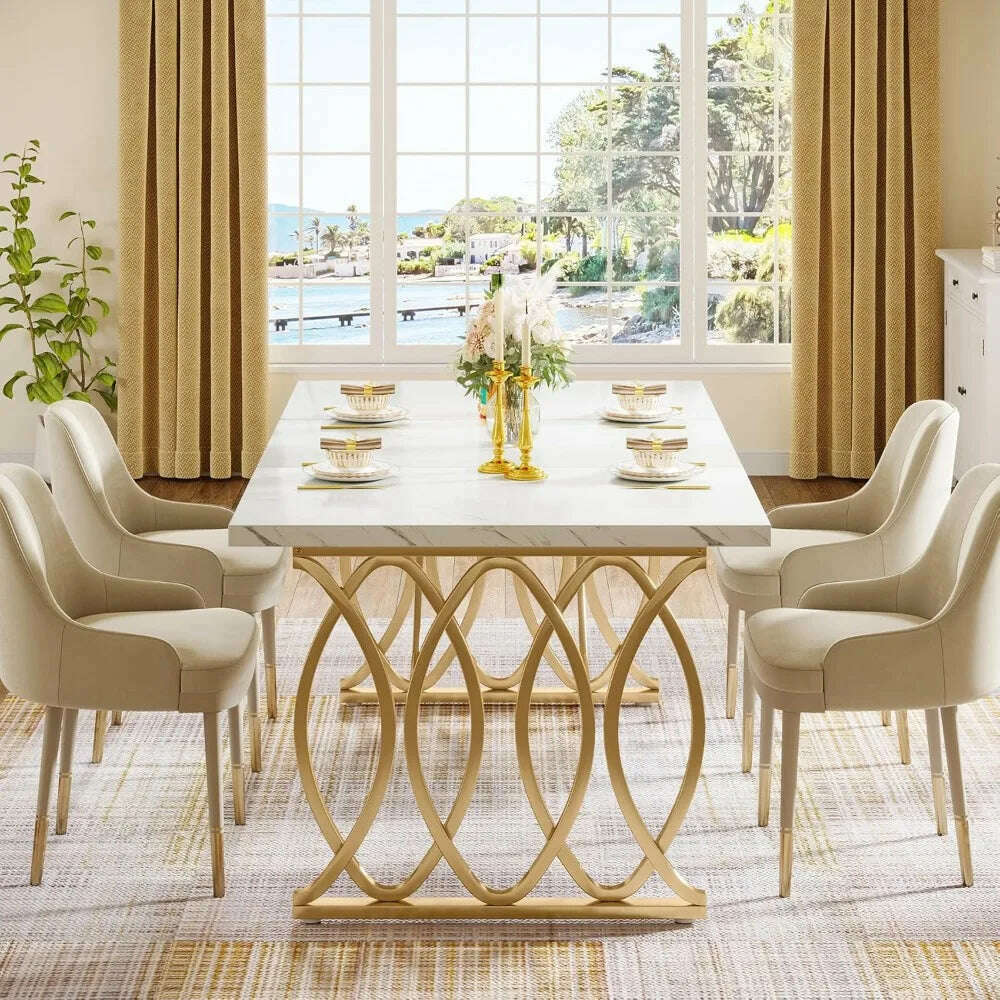 63-inch kitchen table seating 4-6 people, rectangular dining table, faux marble top and geometric legs