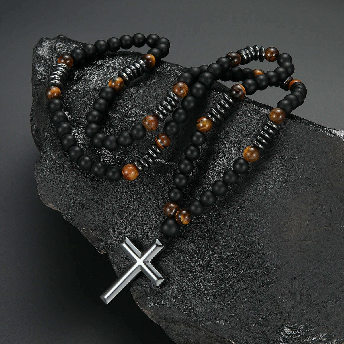 8mm Black Obsidian Tiger-eye Beaded Necklace with Hematite Cross Pendant for Men