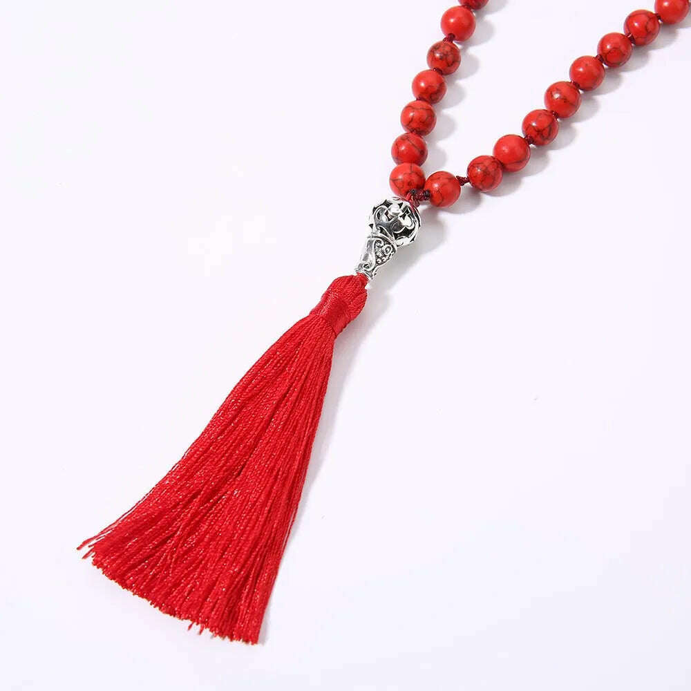 8mm Red Turquoise Knotted 108 Mala Beaded Necklace Meditation Yoga Blessing Jewelry for Men and Women