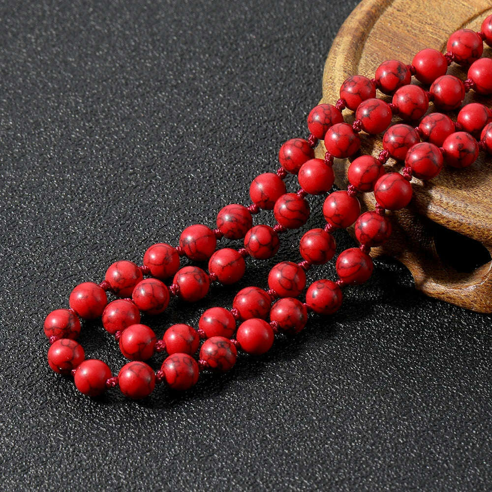 8mm Red Turquoise Knotted 108 Mala Beaded Necklace Meditation Yoga Blessing Jewelry for Men and Women