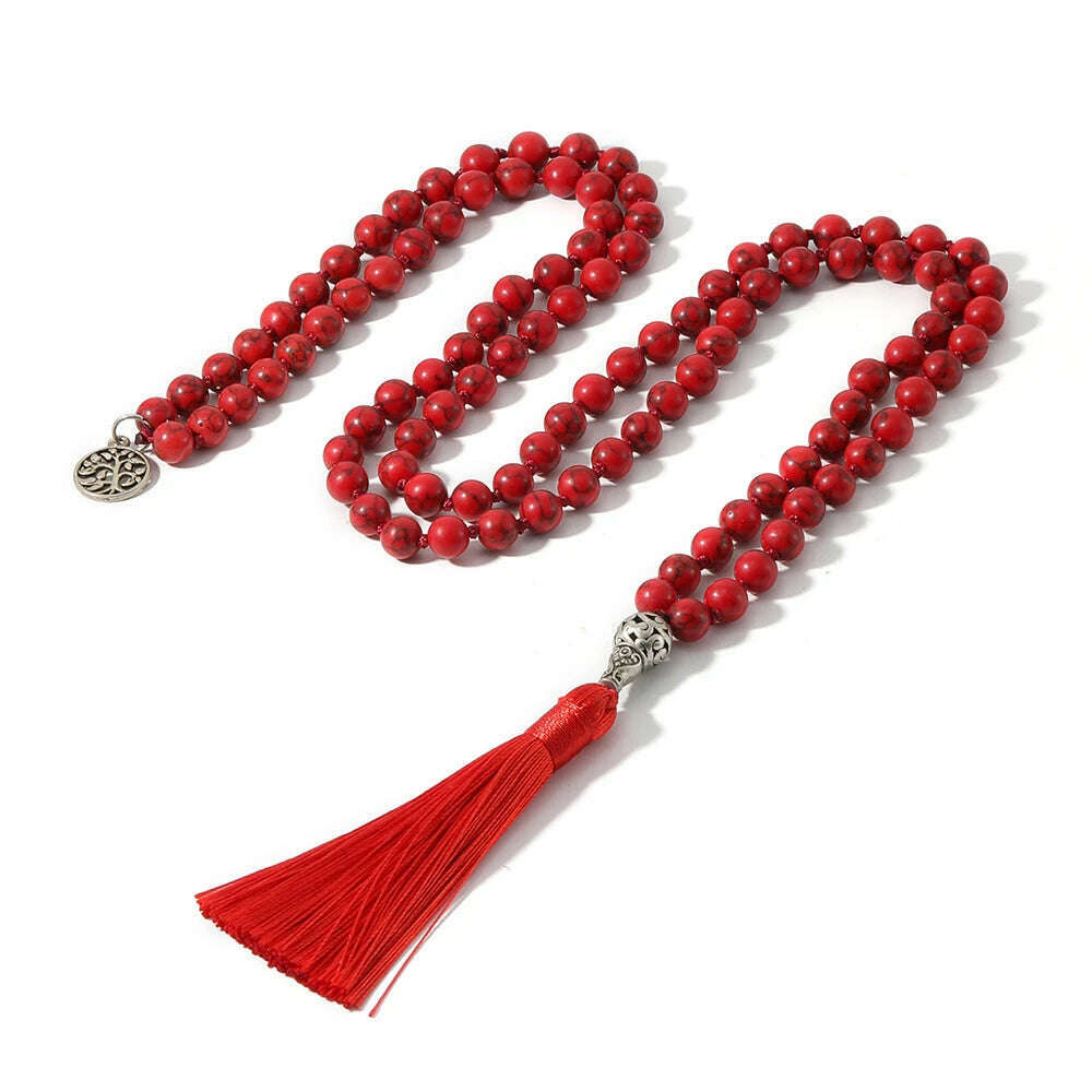8mm Red Turquoise Knotted 108 Mala Beaded Necklace Meditation Yoga Blessing Jewelry for Men and Women
