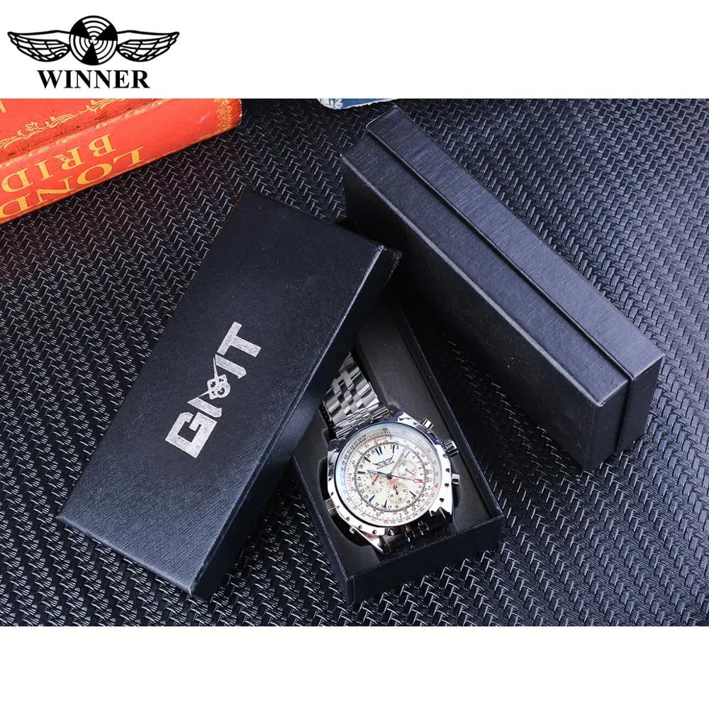 Jaragar White Dial Automatic Watch Complete Calendar Silver Stainless Steel Luminous Business Sport Mechanical Date Wristwatch