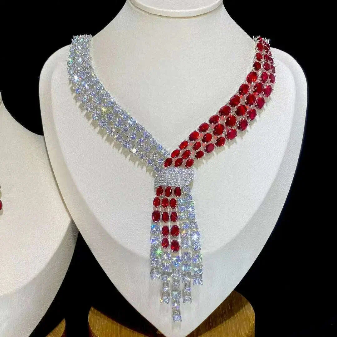 ASNORA - Luxury Blue 2 Piece Tassel Necklace Cubic Zircon Jewelry Set Women Wedding European Party Jewelry Set X0140