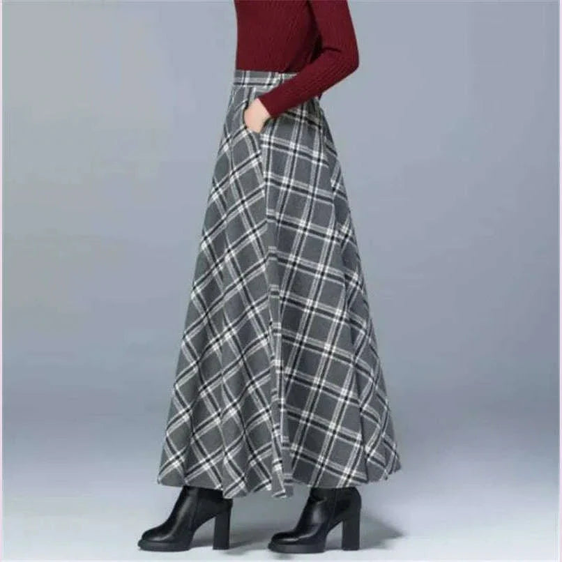 Mom High Waist Woolen plaid Skirts 2022 Autumn Winter Women's 3XL Wool Maxi Skirts Female Fashion Casual Long Streetwear